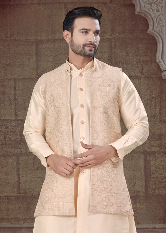 Ensemble Kurta beige ancien avec Veste Ouverte Ton sur Ton