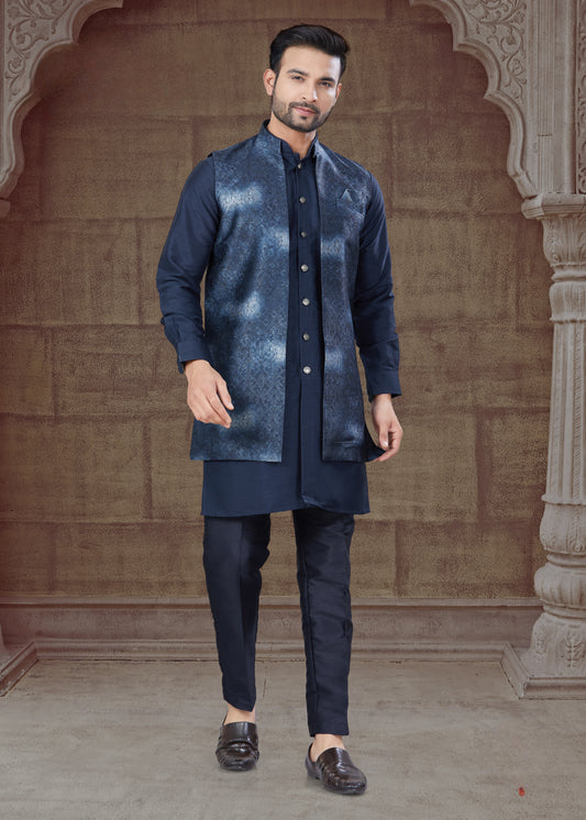 Ensemble Kurta bleu marine avec Veste Ouverte Ton sur Ton à effet