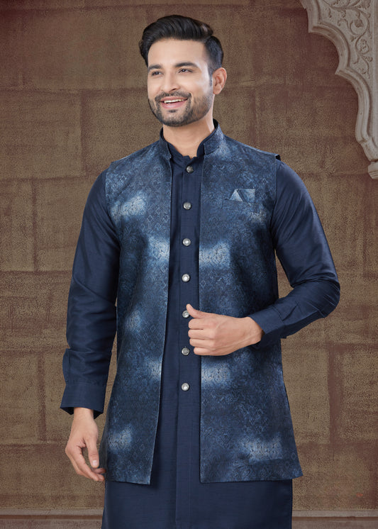 Ensemble Kurta bleu marine avec Veste Ouverte Ton sur Ton à effet