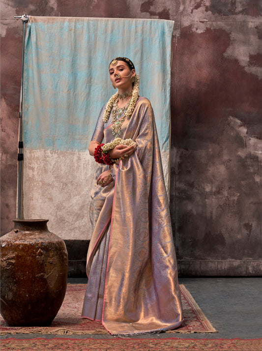 Sari gris violet tissé main effet bicolore Tradition COLLECTION QALA