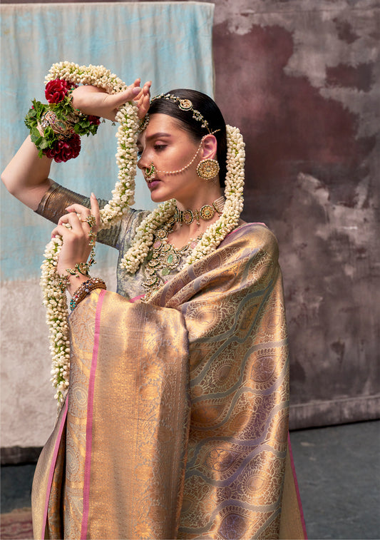 Sari gris violet tissé main effet bicolore Tradition COLLECTION QALA