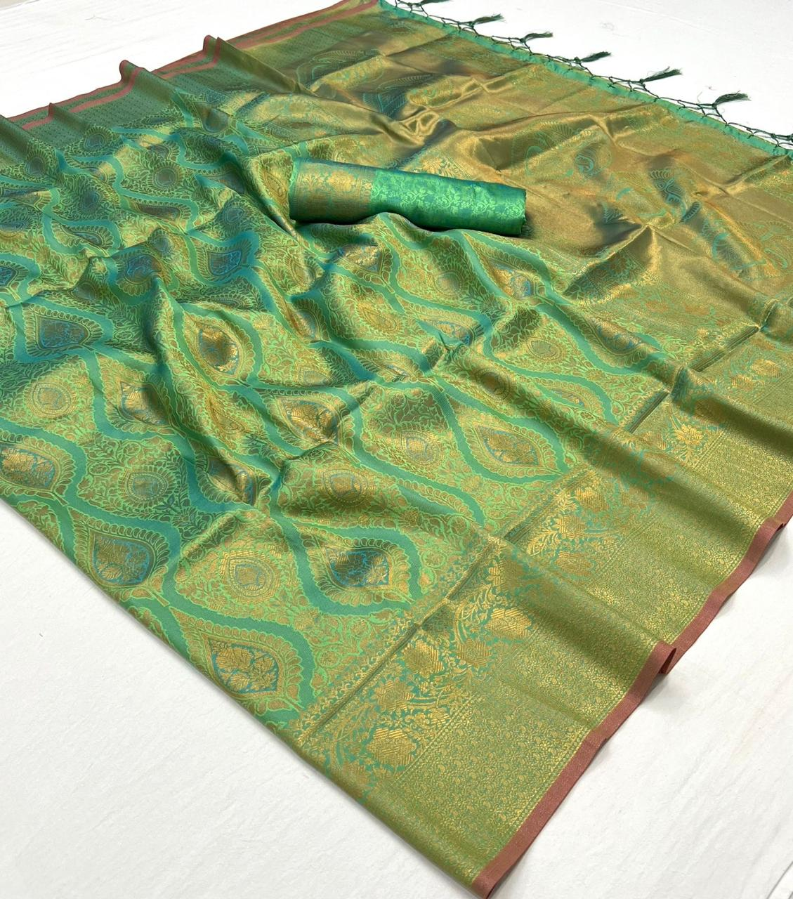Green glass silk sari with multi-colored red floral blouse and digital print, sequin and thread embroidery