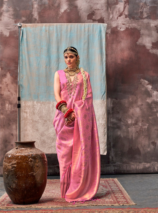 Sari rose tissé main effet bicolore Tradition COLLECTION QALA