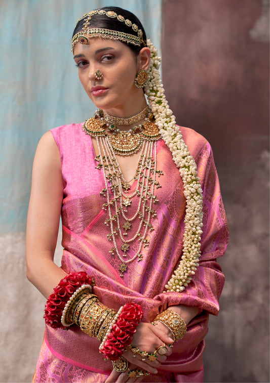 Sari rose tissé main effet bicolore Tradition COLLECTION QALA