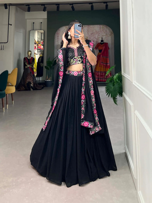 Black georgette lehenga choli, enhanced with thread embroidery and sequins