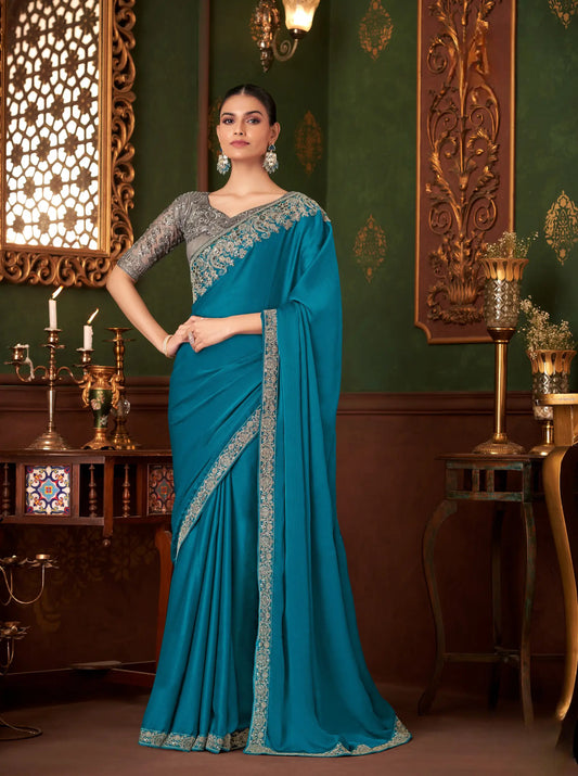 Sari de soirée en chiffon bleu sarcelle avec broderie au fil et sequins