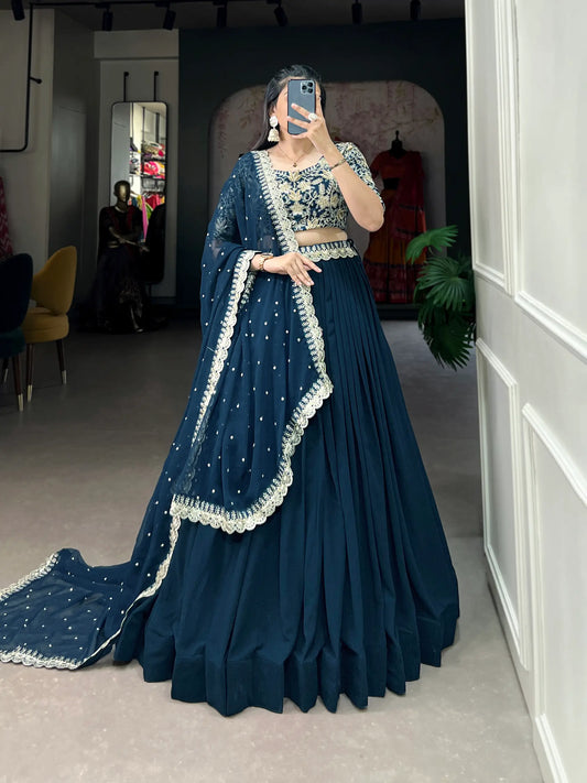 Blue-green georgette lehenga choli with sequin and thread embroidery