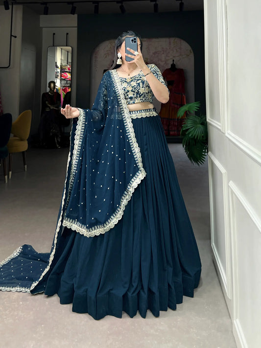 Blue-green georgette lehenga choli with sequin and thread embroidery