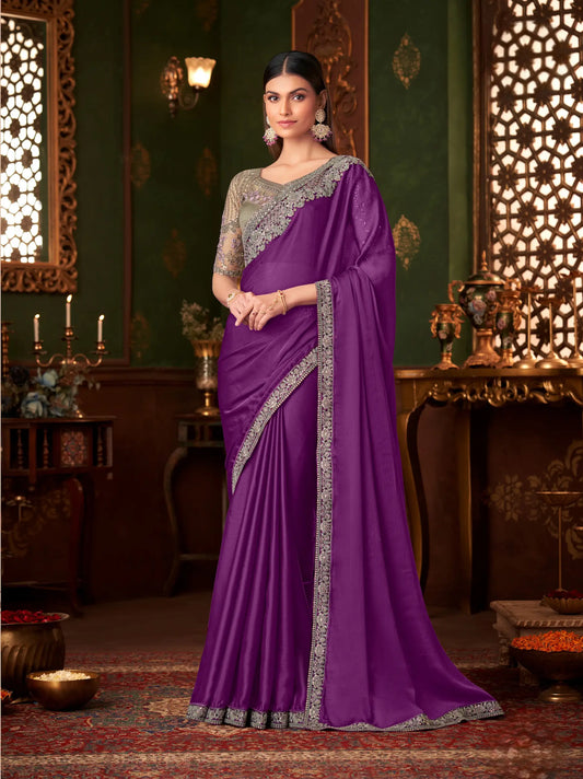 Sari de soirée en chiffon couleur violet avec broderie au fil et sequins