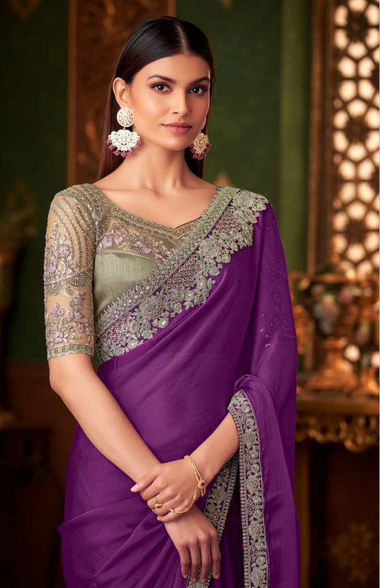 Sari de soirée en chiffon couleur violet avec broderie au fil et sequins