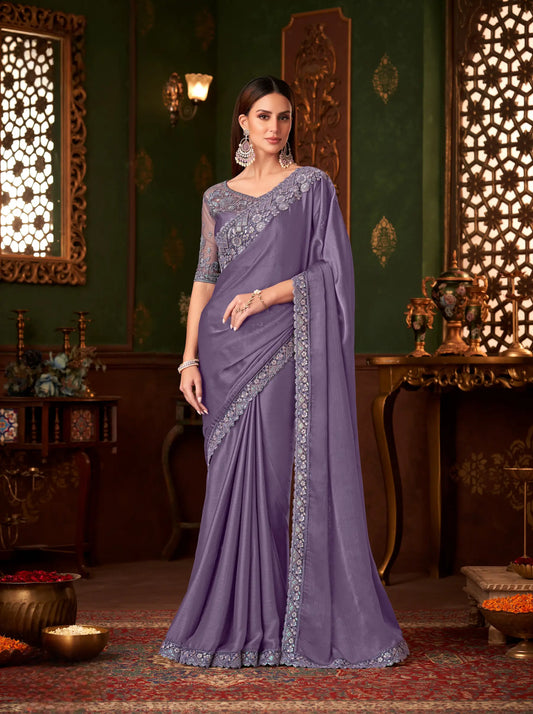 Lavender chiffon party sari with thread and sequin embroidery