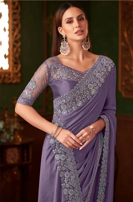 Lavender chiffon party sari with thread and sequin embroidery