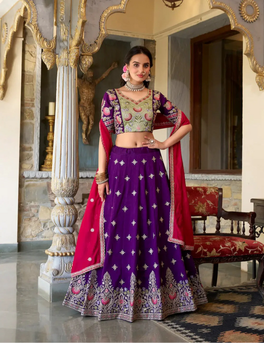 Lehenga choli en soie Vichitra violette avec broderies de sequins et de fil