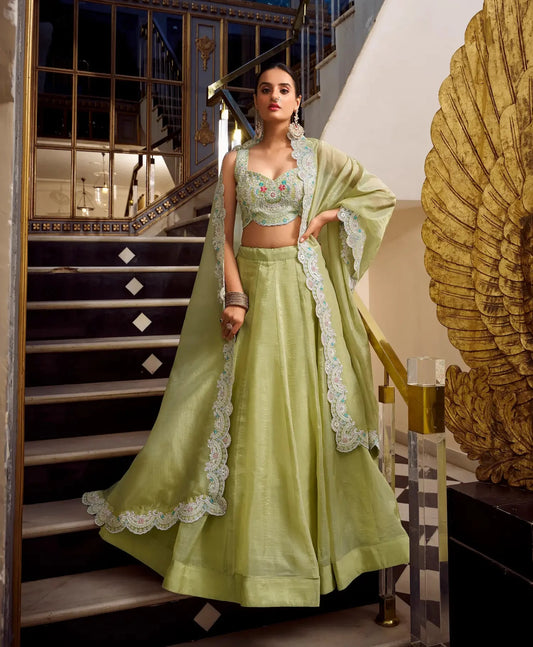 Lehenga Choli en vert clair Gold Crush avec broderie en sequins et fil COLLECTION AYRA