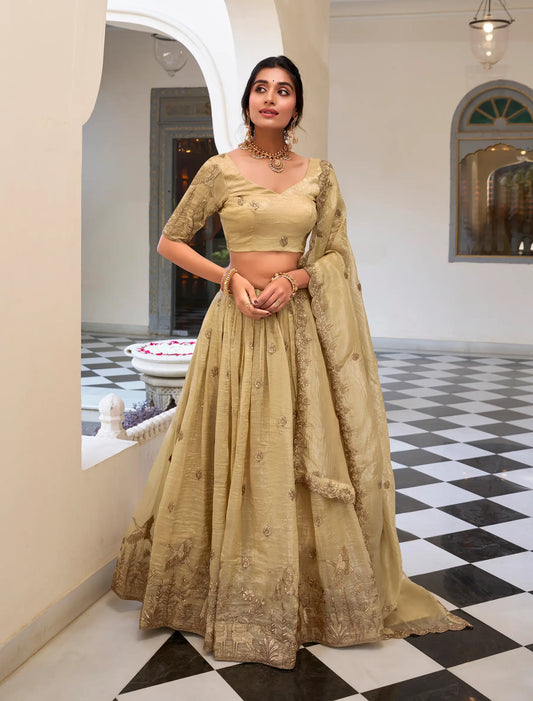 Lehenga Choli en Blanc écru Crush avec broderie à sequins