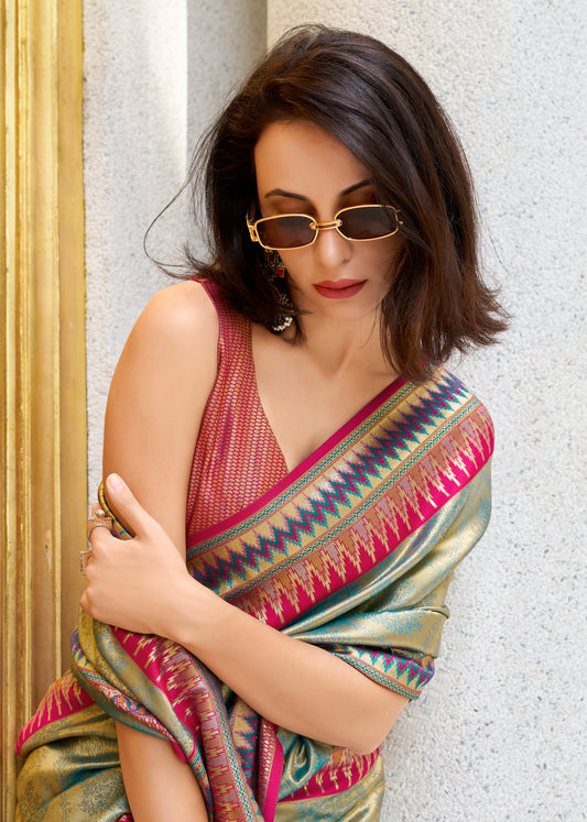 Sari en soie raffiné ethnique à bordure contrastée vert rouge multicolore Tradition COLLECTION RADHIKA