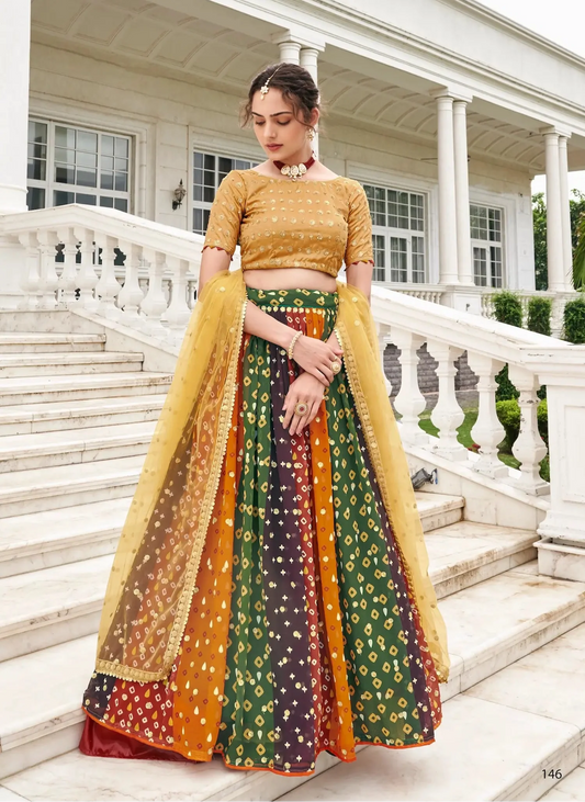 Lehenga Choli en Georgette Beige-Multicolore avec Impressions Digitales et Broderies