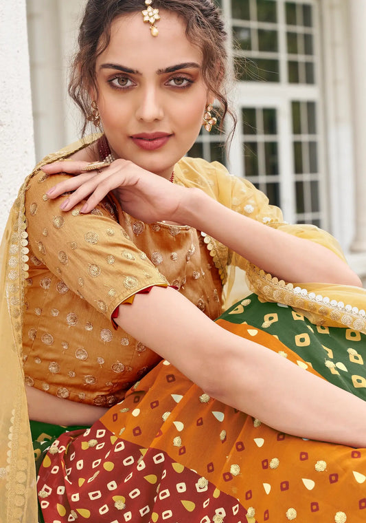 Lehenga Choli en Georgette Beige-Multicolore avec Impressions Digitales et Broderies
