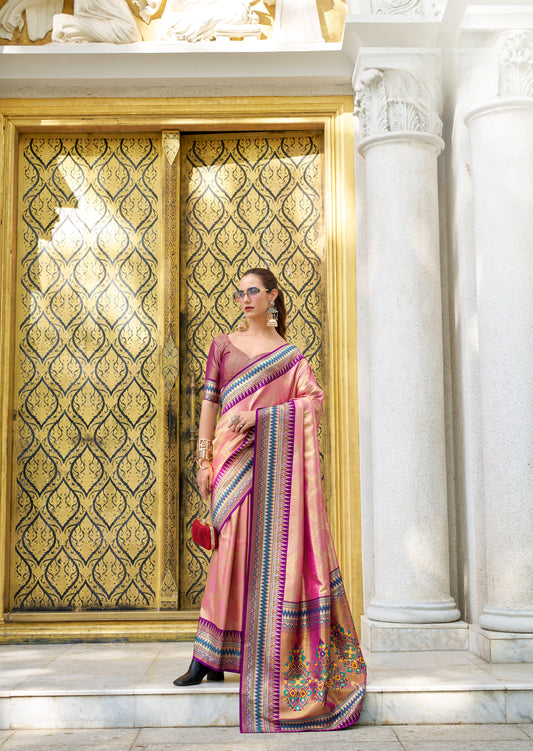 Sari en soie raffiné ethnique à bordure contrastée rose mauve multicolore Tradition COLLECTION RADHIKA