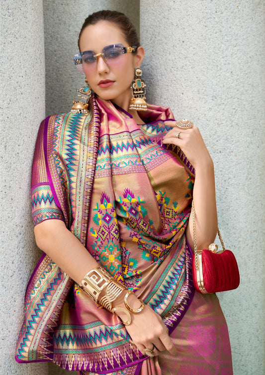 Sari en soie raffiné ethnique à bordure contrastée rose mauve multicolore Tradition COLLECTION RADHIKA