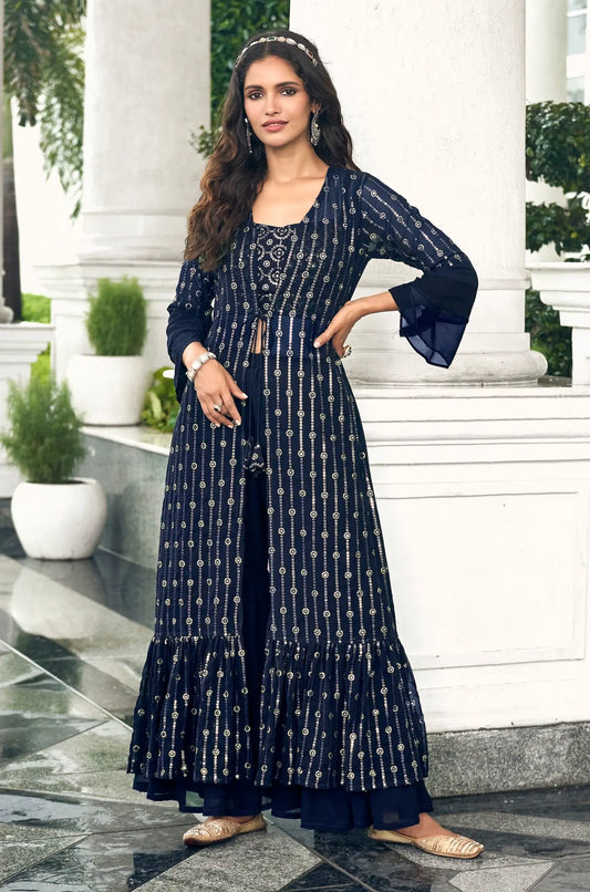 Ensemble Sharara Indo-Occidental en Georgette Bleu Marine avec Broderie au Fil et Sequins