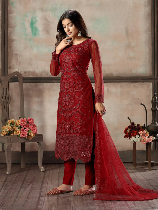 Ensemble Salwar Rouge en Filet avec Broderie au Fil et Sequins