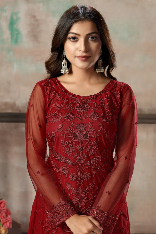 Ensemble Salwar Rouge en Filet avec Broderie au Fil et Sequins
