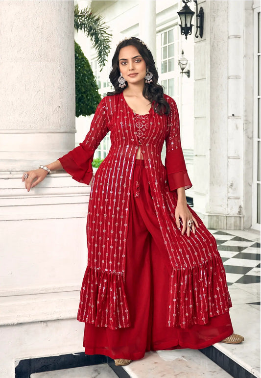 Ensemble Indo-Occidental Salwar en Georgette Rouge avec Broderie au Fil et Sequins