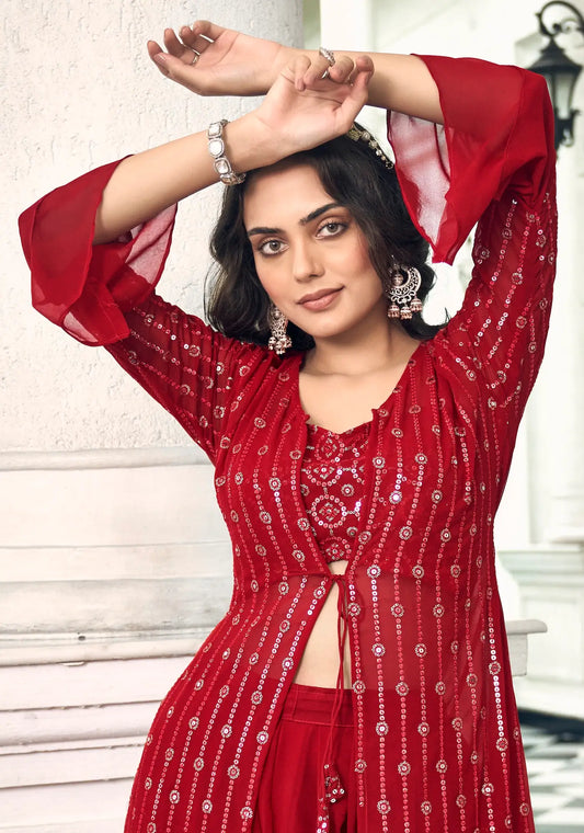 Ensemble Indo-Occidental Salwar en Georgette Rouge avec Broderie au Fil et Sequins