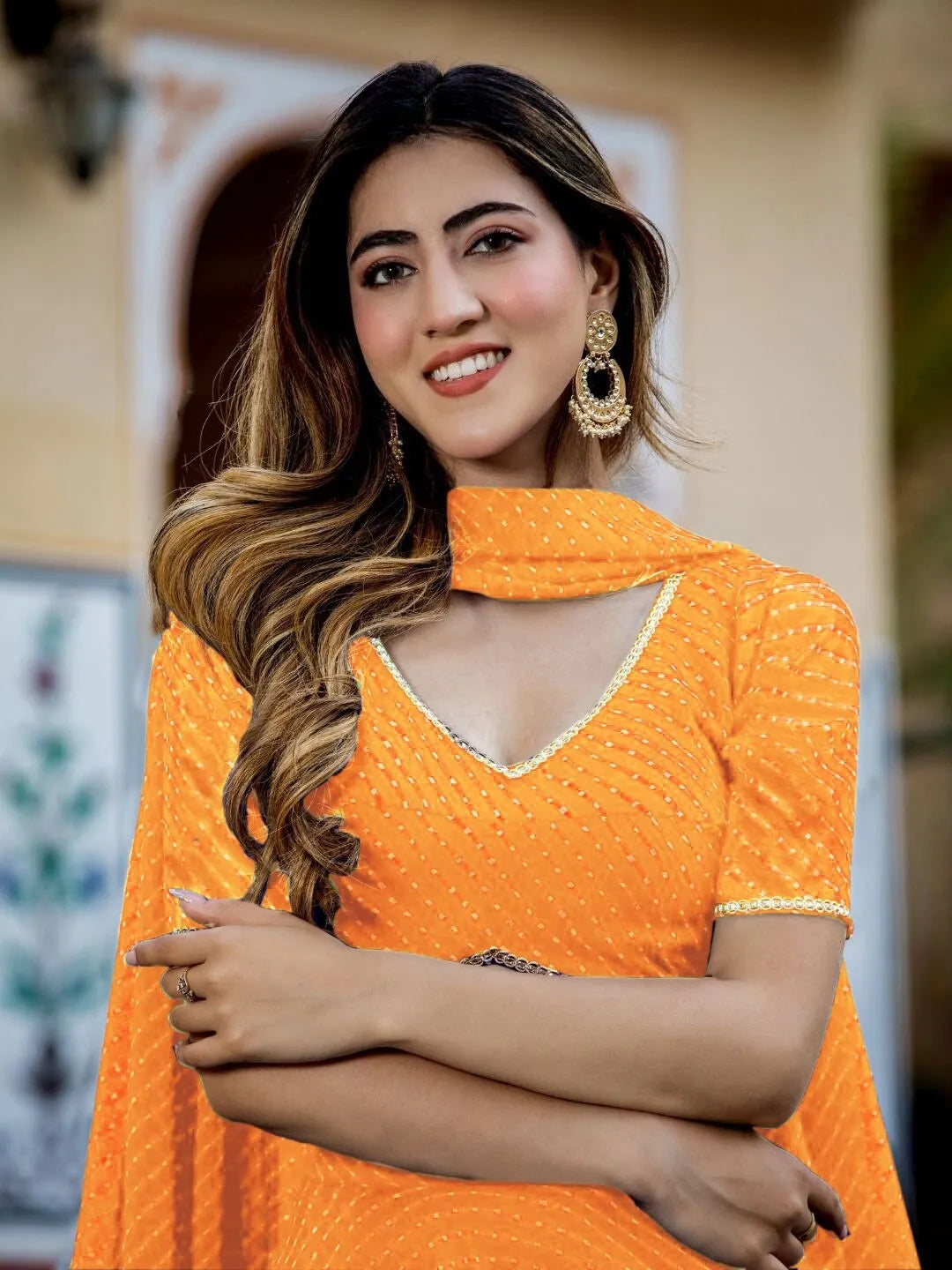 Gorgeous Yellow Georgette Lehenga with Leheriya Print, Adorned with Zari Embroidery and Cording Lace