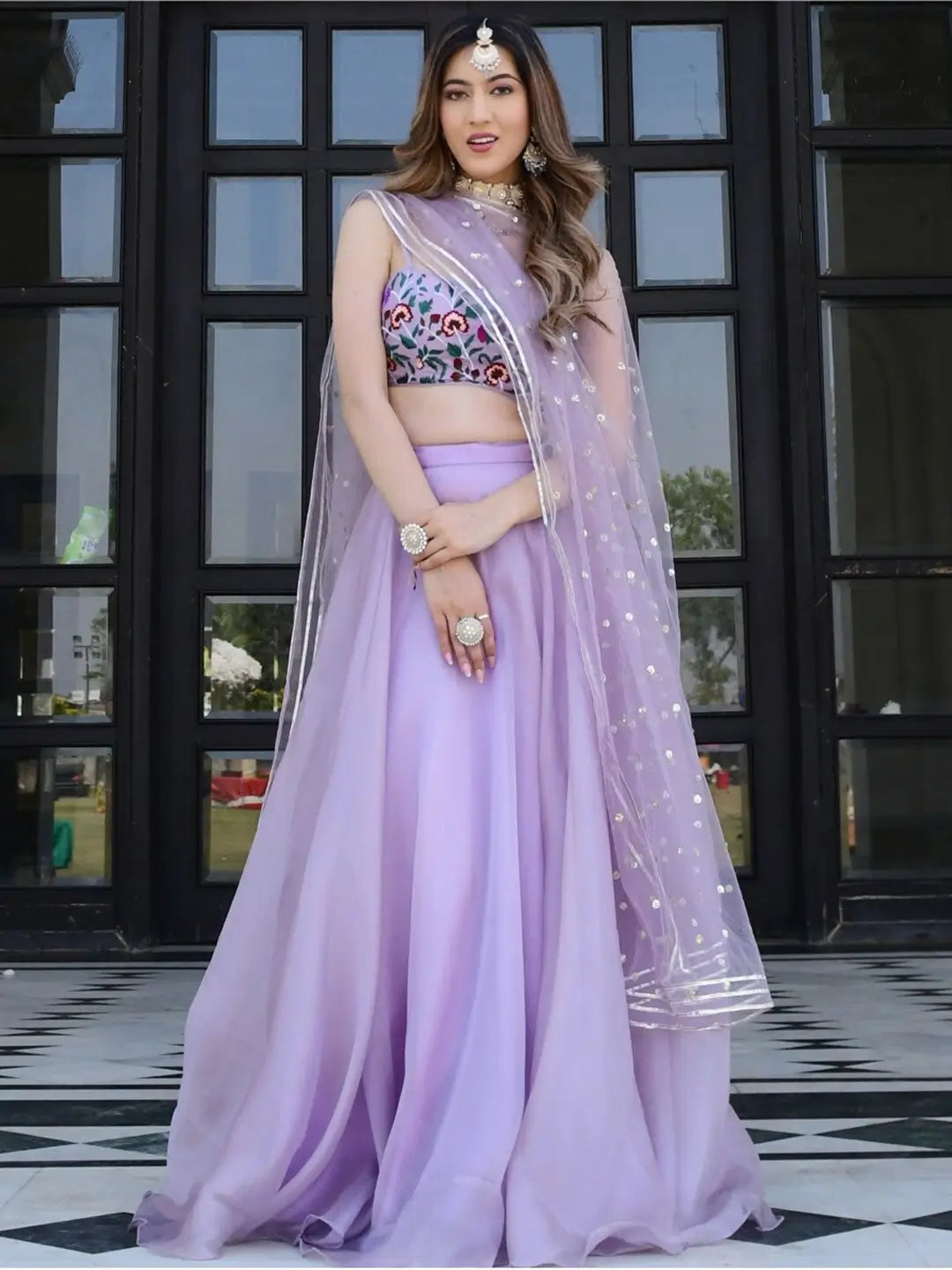 Lavender purple floral organza lehenga set with Gota Patti work and Resham thread embroidery and sequins