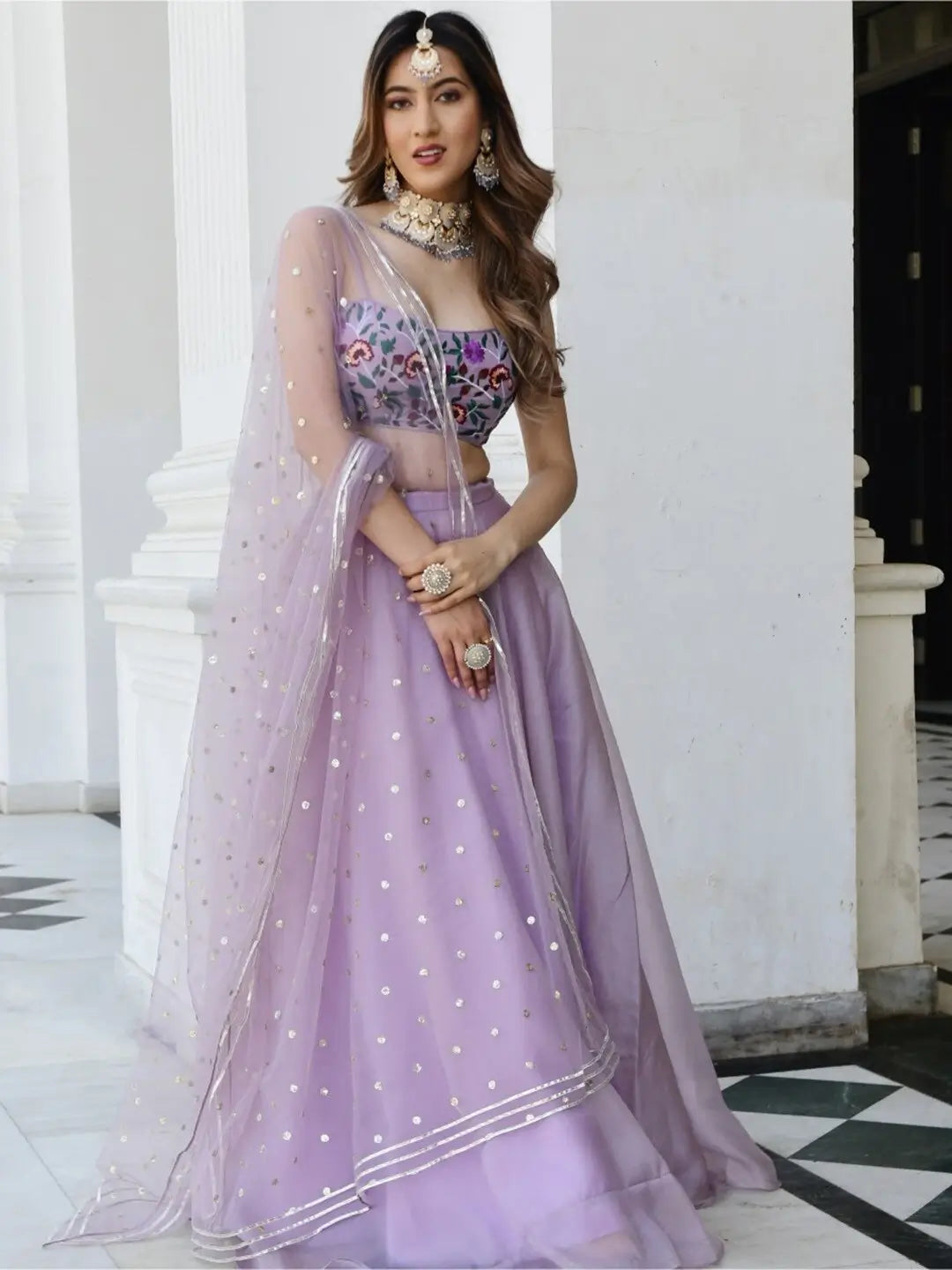 Lavender purple floral organza lehenga set with Gota Patti work and Resham thread embroidery and sequins