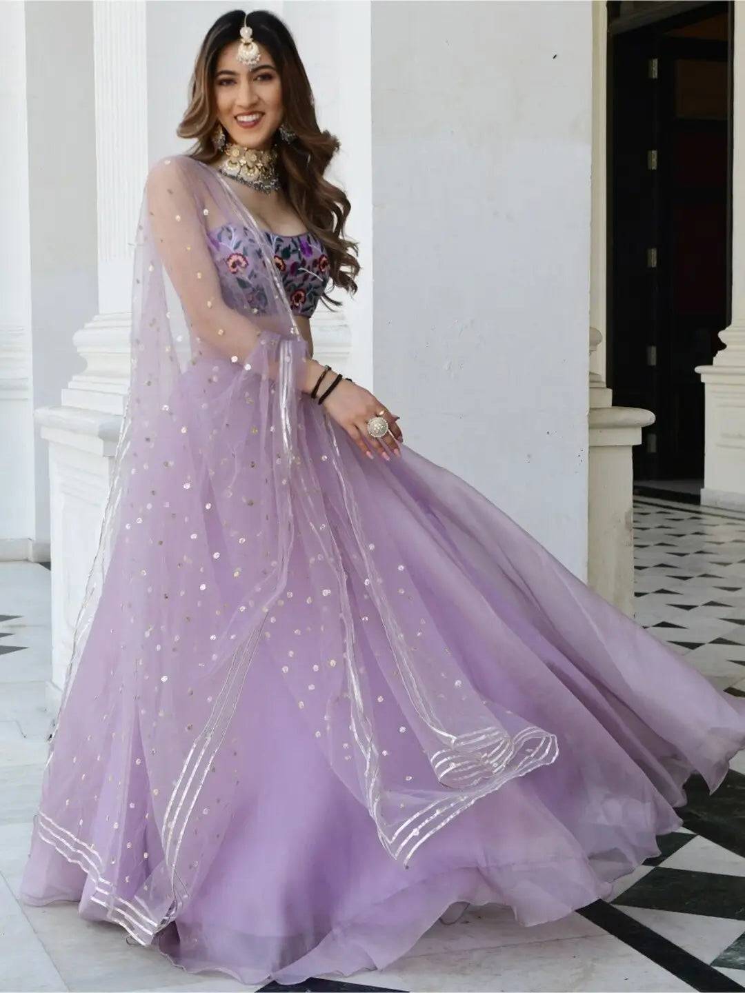 Lavender purple floral organza lehenga set with Gota Patti work and Resham thread embroidery and sequins