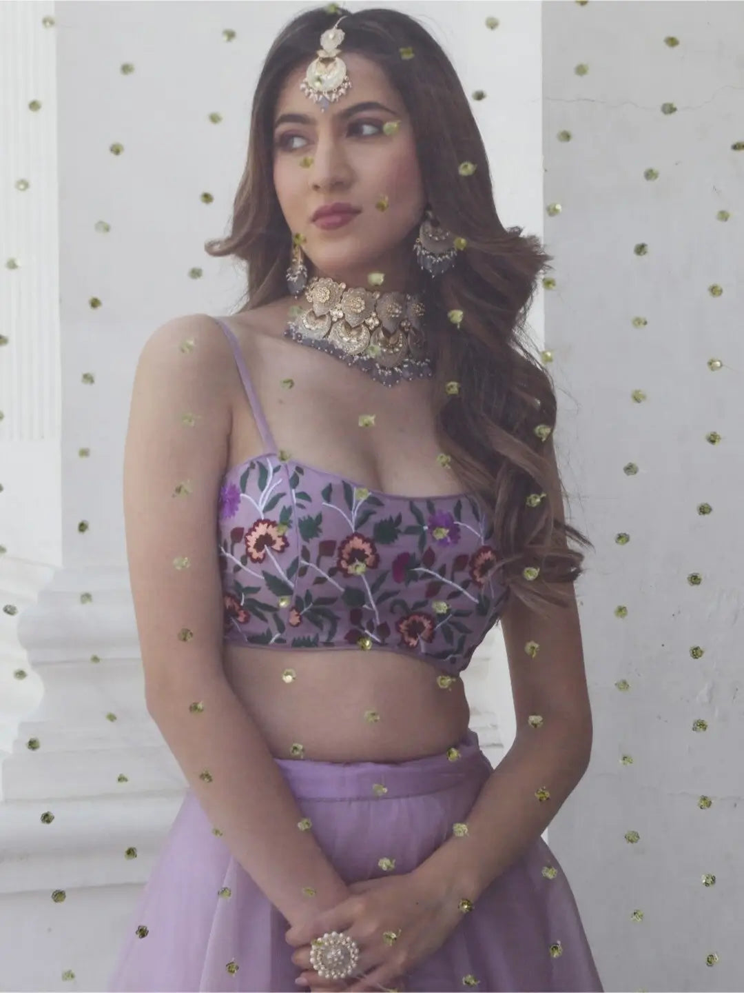 Lavender purple floral organza lehenga set with Gota Patti work and Resham thread embroidery and sequins