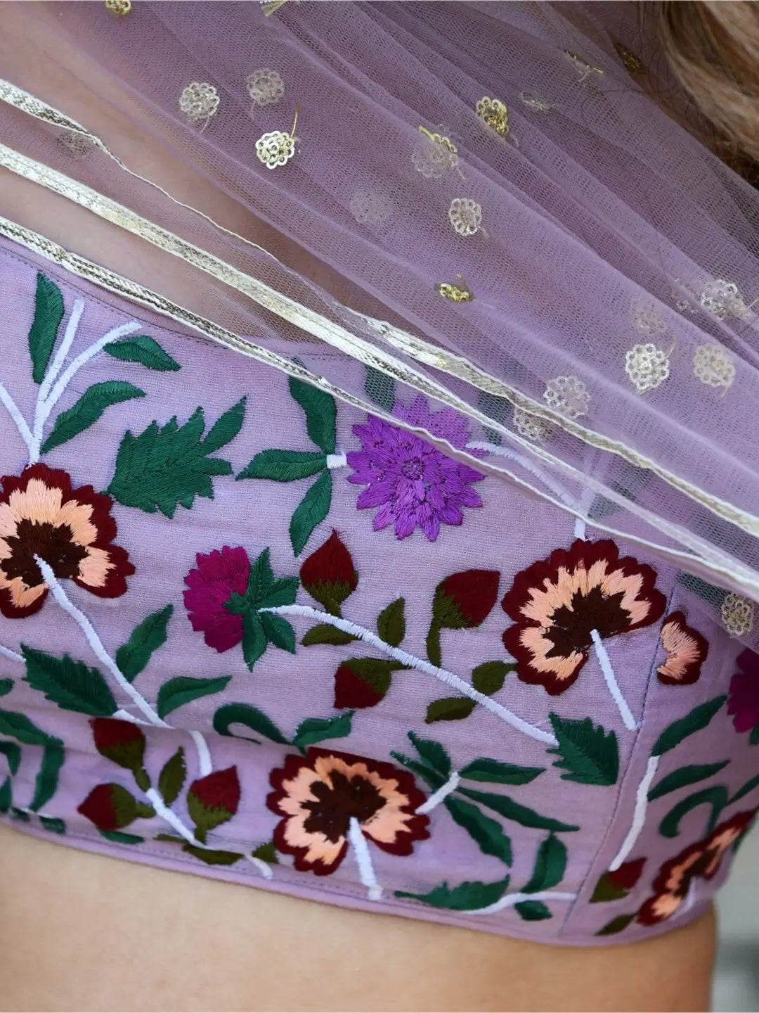 Lavender purple floral organza lehenga set with Gota Patti work and Resham thread embroidery and sequins