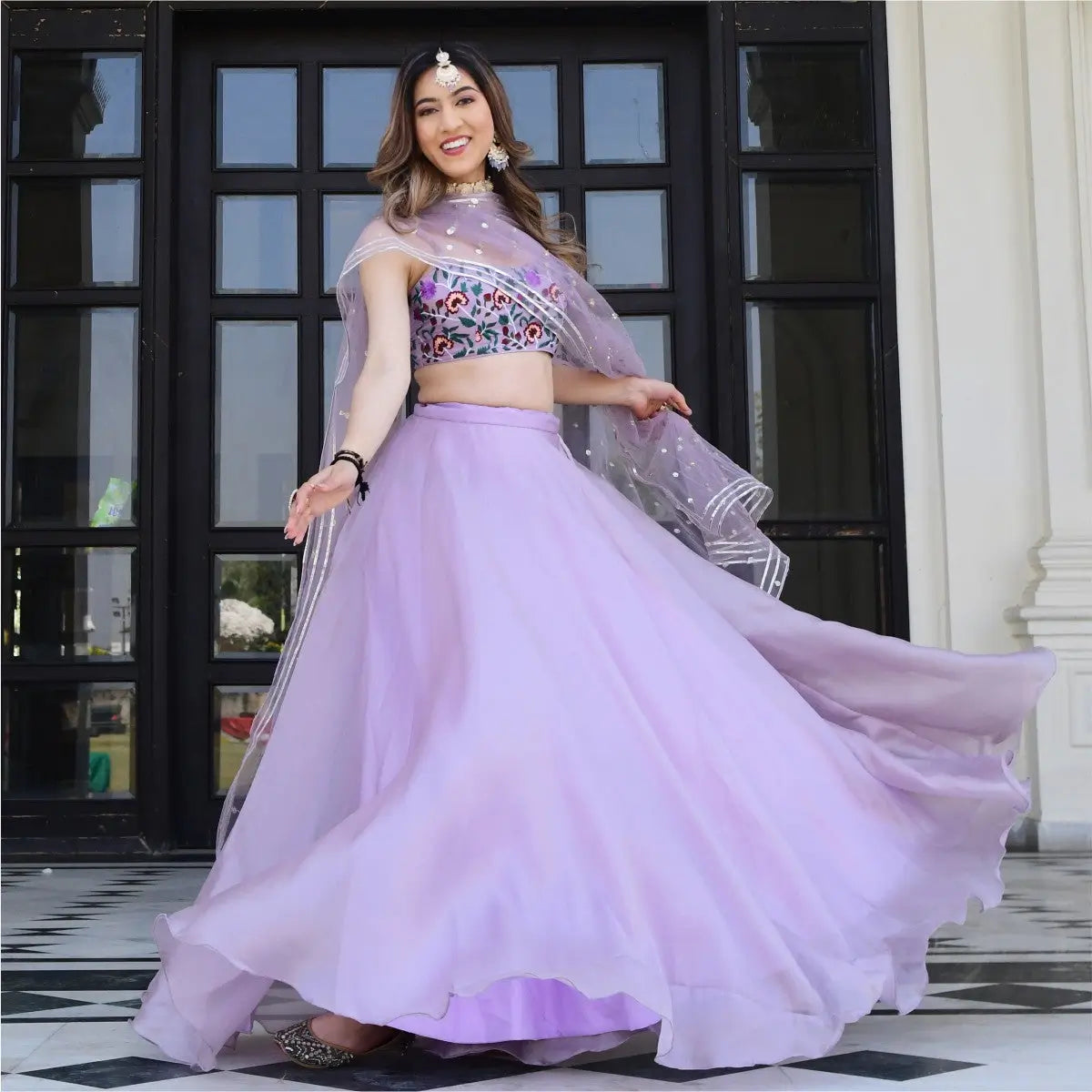 Lavender purple floral organza lehenga set with Gota Patti work and Resham thread embroidery and sequins