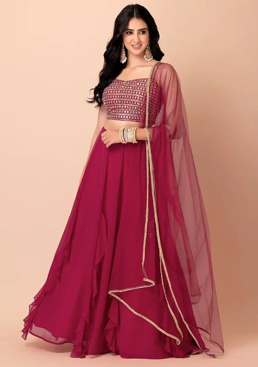 Lehenga fancy en georgette rose avec travail de sequins multiples