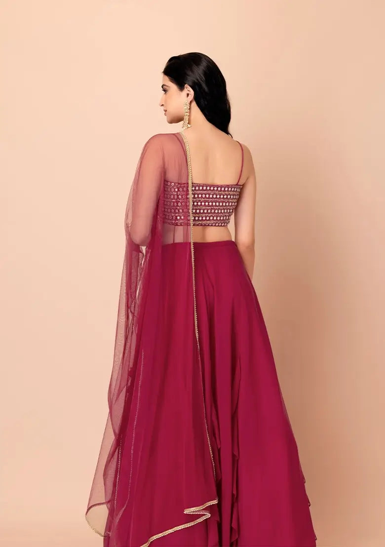Lehenga fancy en georgette rose avec travail de sequins multiples
