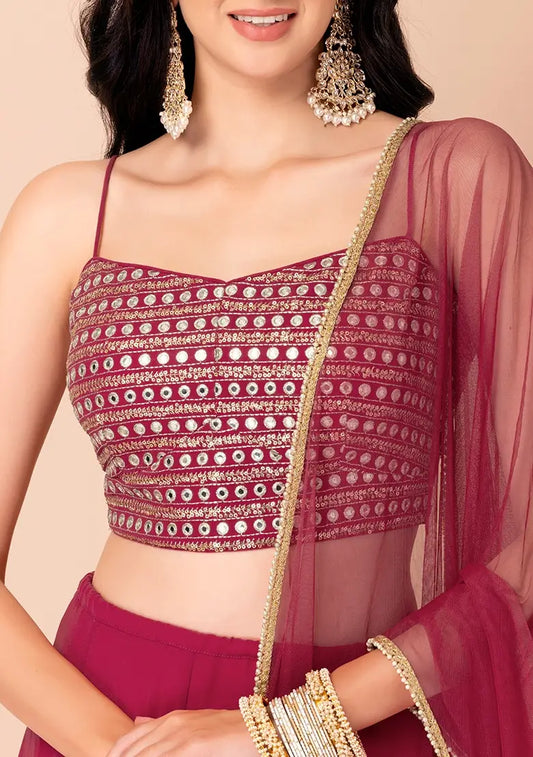 Lehenga fancy en georgette rose avec travail de sequins multiples