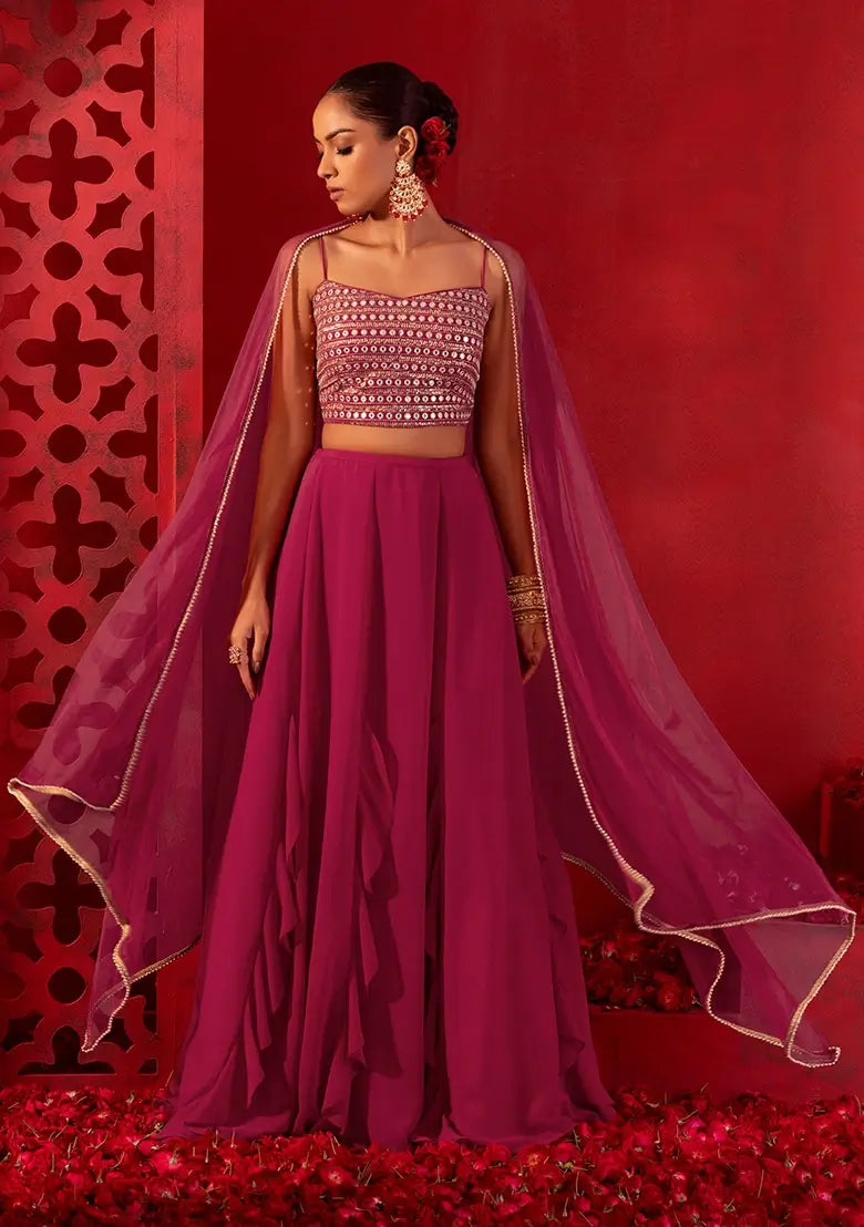 Lehenga fancy en georgette rose avec travail de sequins multiples