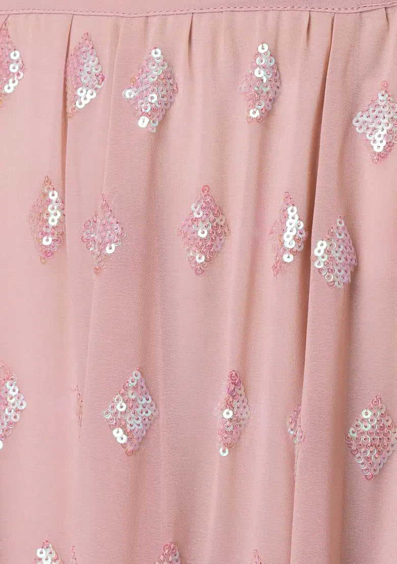 Lehenga de soirée rose mauve clair avec broderie en sequins et dupatta à volants