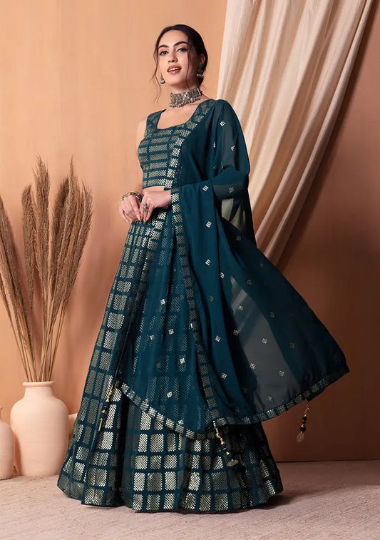 Lehenga Choli en georgette bleu-vert foncé avec sequins et broderie à fil