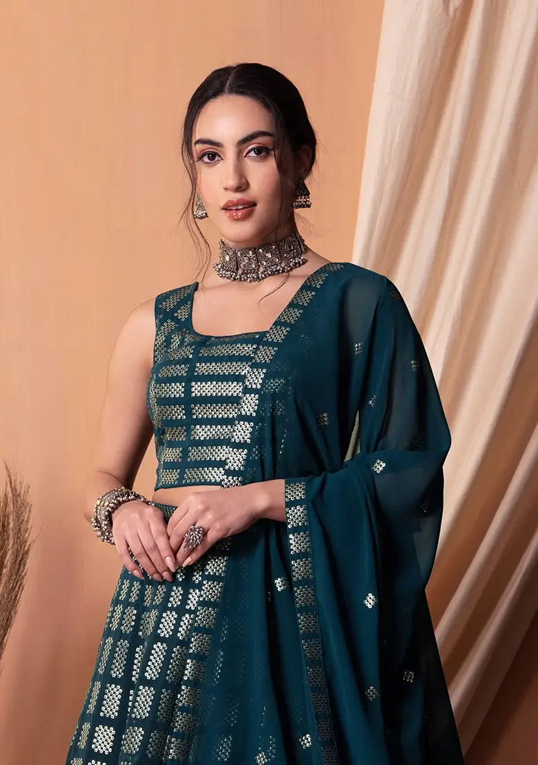 Lehenga Choli en georgette bleu-vert foncé avec sequins et broderie à fil