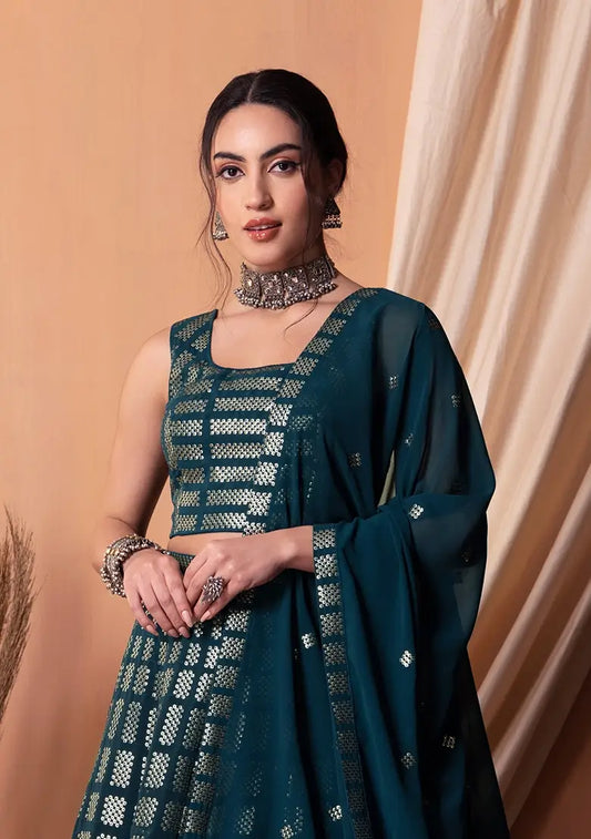 Lehenga Choli en georgette bleu-vert foncé avec sequins et broderie à fil