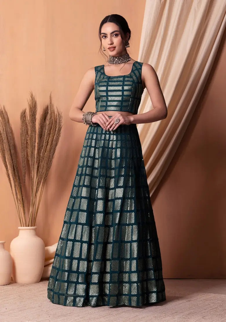 Lehenga Choli en georgette bleu-vert foncé avec sequins et broderie à fil