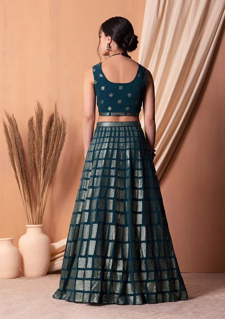 Lehenga Choli en georgette bleu-vert foncé avec sequins et broderie à fil