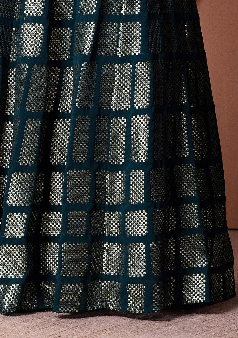Lehenga Choli en georgette bleu-vert foncé avec sequins et broderie à fil
