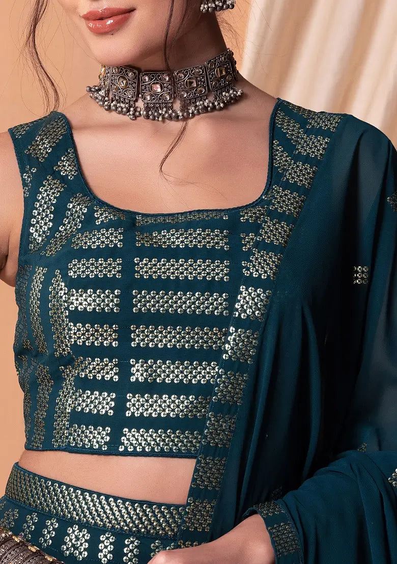 Lehenga Choli en georgette bleu-vert foncé avec sequins et broderie à fil