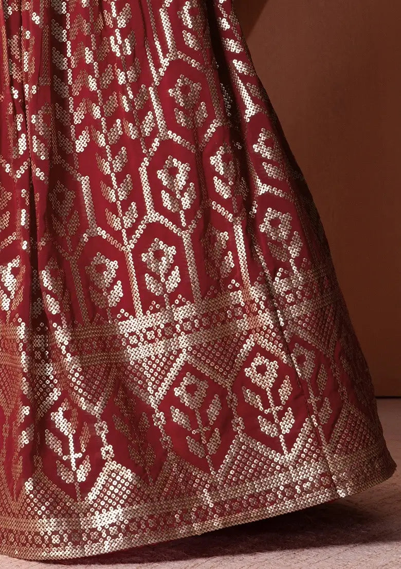 Lehenga en georgette bordeaux avec sequins et broderie à fil