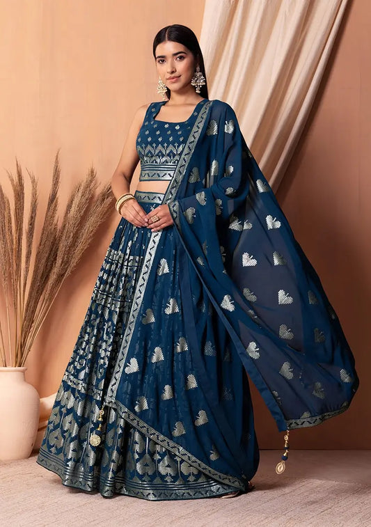 Lehenga Choli en georgette bleue avec sequins et broderie à fil